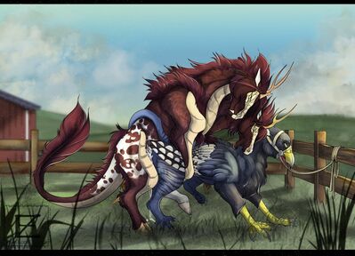 Wrong Paddock
art by zweikopfeinhorn
Keywords: dragon;gryphon;hydra;male;female;feral;M/F;bondage;from_behind;suggestive;zweikopfeinhorn