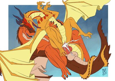 Clay and Peril Having Sex (Wings_of_Fire)
art by zwitterkitsune
Keywords: wings_of_fire;mudwing;skywing;clay;peril;dragon;dragoness;male;female;feral;M/F;penis;reverse_cowgirl;vaginal_penetration;ejaculation;spooge;zwitterkitsune