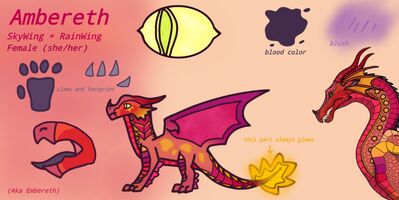 Ambereth/Embereth Reference (Wings_of_Fire)
art by frostyflakes
Keywords: wings_of_fire;skywing;rainwing;hybrid;dragoness;female;feral;solo;referene;non-adult;frostyflakes