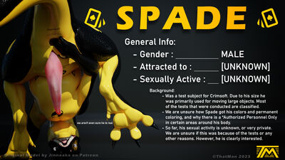 Spade's Info Card
Info card with the remake of `Spade` in 2023, but with a better rendering engine (Cycles vs Eevee). Model by Jinnoaka on Patreon.
Keywords: dinosaur;theropod;interceptor;spade;feral;male;solo;penis;fingering;anal;masturbation;cgi;thatman
